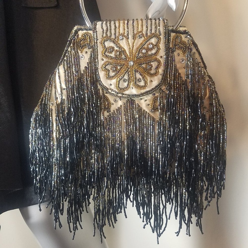 Women's Beaded Fringe Evening Bag Crème and Black (8.5" w x 12" h)